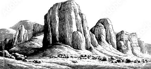 Engraved decorative illustration of fissured sediment cliffs for vintage design