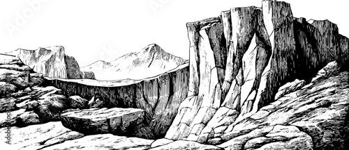 Engraved decorative illustration of fractured basalt rock formation