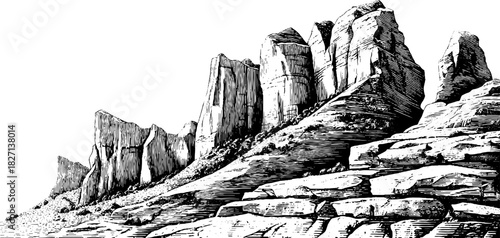 Decorative engraving of fractured basalt rock formation - nature art for design and prints