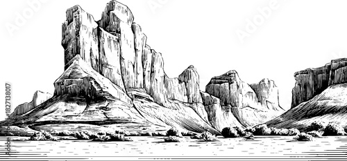 Detailed engraving of fractured basalt rock formation in retro style for design projects