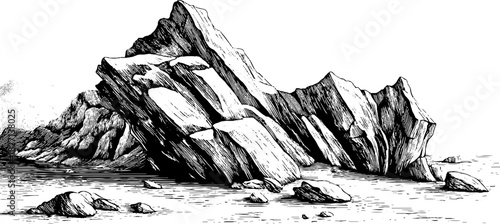 Engraved decorative illustration of fractured basalt rock formation for geology and nature studies