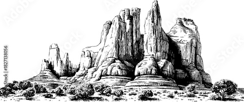 Engraved illustration of eroded sandstone formations in desert landscape for design use