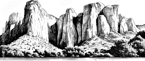 Engraved illustration of wind eroded sandstone formations in desert landscape