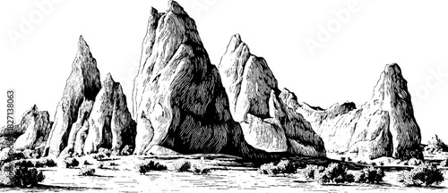 Engraved illustration of wind-eroded sandstone formations in desert landscape