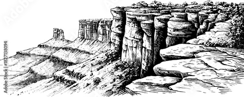 Engraved coastal slate landscape design for print and decoration