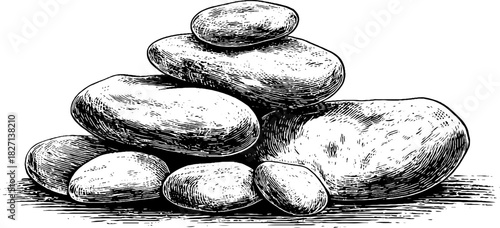 Detailed engraved illustration of smooth glacial pebbles for decorative design and art