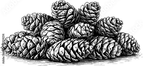 Vintage decorative engraving of scattered pinecone scales for nature-inspired designs