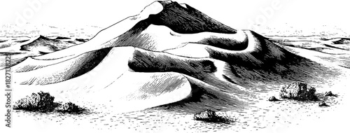 Engraved decorative illustration soft drift sand patterns desert landscape vintage sketch hand drawn engraving. Elegant flowing dunes with classic organic texture.
