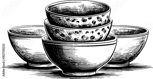 Vintage engraved stacked ceramic bowls illustration for decorative design