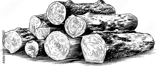 Vintage engraved illustration of stacked firewood logs for rustic decor