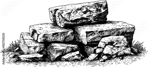 Engraved decorative illustration of stacked slate stones for design and decoration