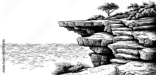 Engraved decorative illustration of stepped cliff shelves overlooking ocean