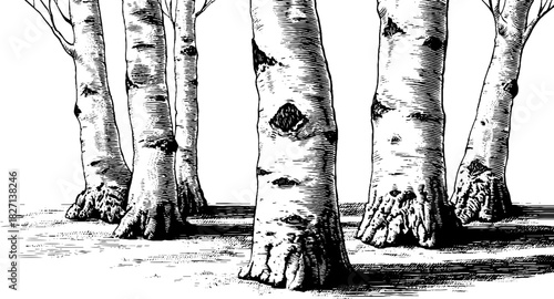 Decorative engraved illustration of tall birch trees for print or poster design