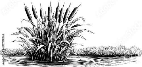 Vintage engraving of tall cattails in natural wetland scene