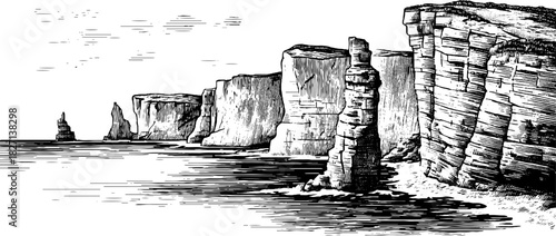 Engraved coastal landscape of tall rugged sea cliffs in vintage style