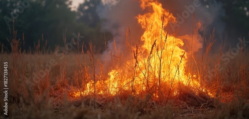Dry grass field burns intensely with large orange flames and dark smoke rising. Fire spreads across dry landscape, destroying plants and creating heat. Background shows dark trees under smoky sky.