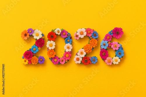 Vibrant floral arrangement of 2026 on a bright yellow background, perfect for festive events, marketing, or calendar design.