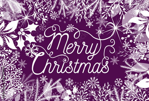 Merry Christmas violet card. hand drawing. Not AI. Vector illustration