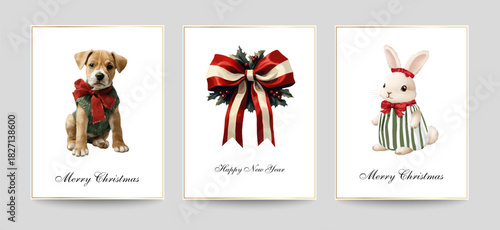 Merry Christmas and Happy New Year greeting cards templates. Watercolor vector winter elements -illustrations for posters, banners, backgrounds or greeting cards. 