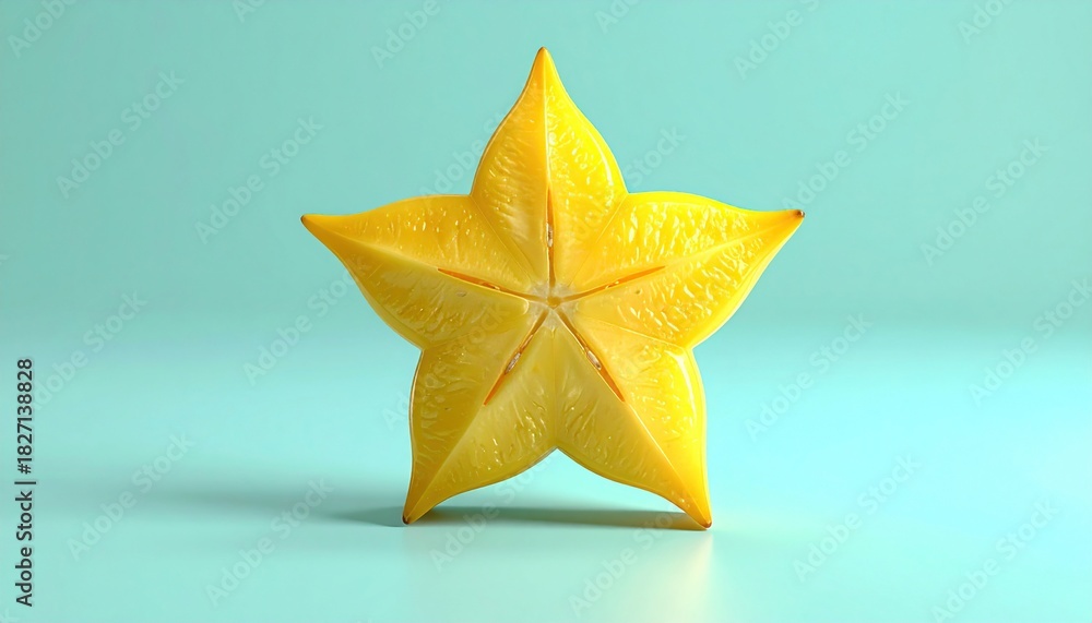 Fototapeta premium A single bright yellow star fruit is centered on a light blue background.