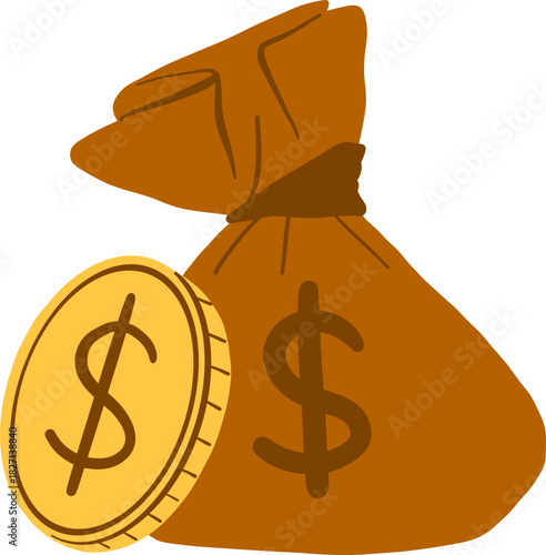 Hand Drawn Money Bag And Coin