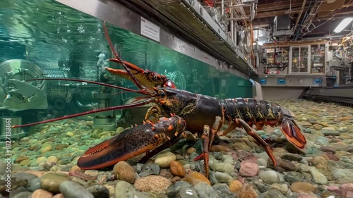 Medium shot capturing detailed brushing and debris removal inside the lobster tank during biweekly upkeep to maintain optimal living conditions.