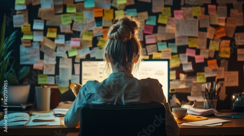 Stressed office worker woman sitting at desk facing wall covered with sticky notes, illuminated by screen light, symbolizing mental fatigue, stress, burnout, corporate overload, paperwork, deadlines
