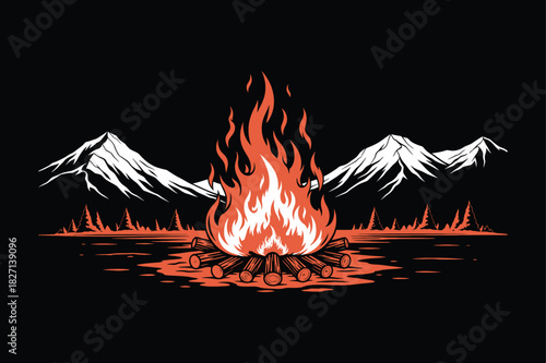 Vibrant campfire burning brightly between snow capped mountains at night