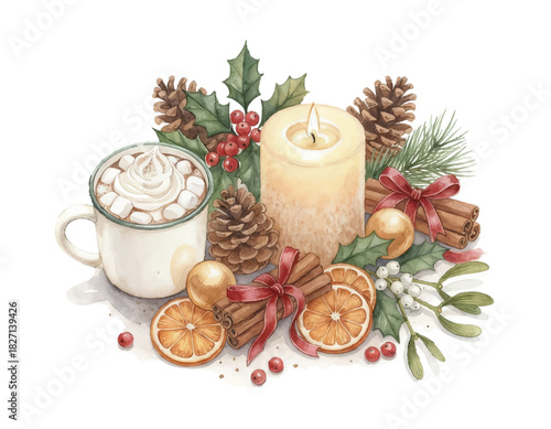 Watercolor Christmas still life with cup of hot cocoa, burning candle, pinecones, dried oranges, holly leaves, berries, cinnamon sticks and festive greenery. Cozy winter holiday illustration.