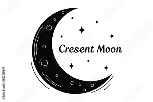 Hand drawn crescent moon with stars and text