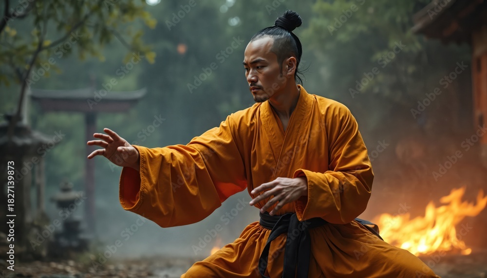 Fototapeta premium Buddhist monk practices martial arts in traditional orange robe. Man performs kung fu stance near fire. Asian warrior trains balance and power near temple structure.