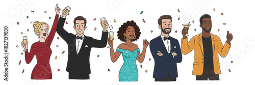 Group of diverse people in formal black tie attire celebrating a festive new year party