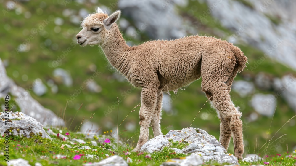 Naklejka premium Young Alpaca with Light Brown Wool Standing in Mountain Landscape
