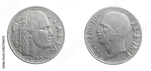 Fototapeta Naklejka Na Ścianę i Meble -  Italy twenty centesimi on a white isolated background