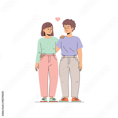 Non-binary person standing closely with partner and smiling together  