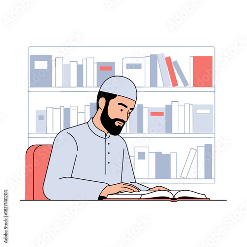 Muslim man studying in library while reading a book - Concept of people  
