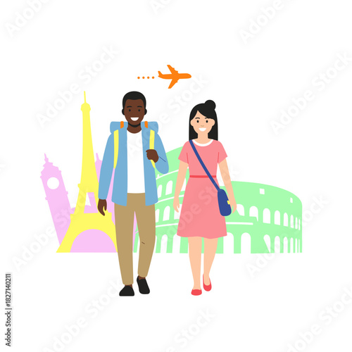 Interracial couple walking together in city with landmarks in background - Concept of people  