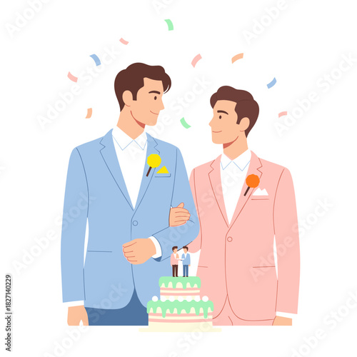 Two men smiling at wedding celebration with cake and confetti  
