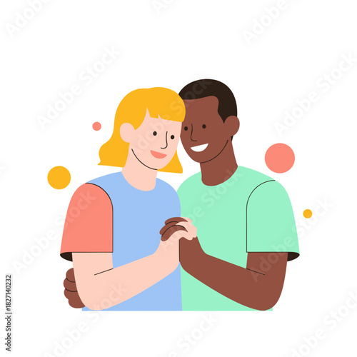 Interracial young LGBTQ couple smiling and embracing together  