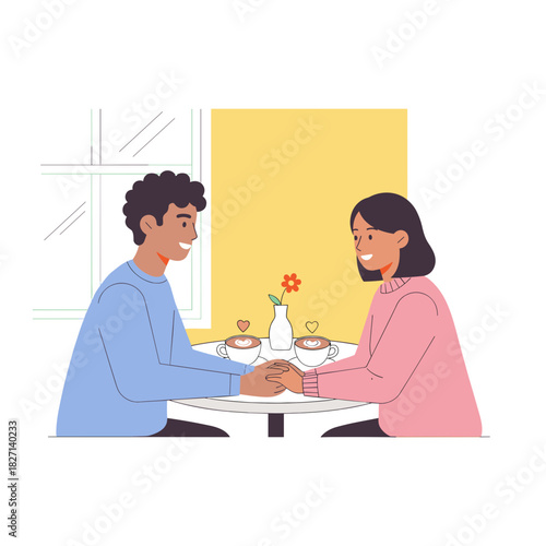 Mixed-race young couple holding hands at a café table  
