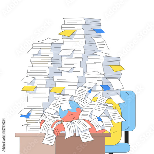 Overwhelmed person buried in paperwork while sitting at a desk  