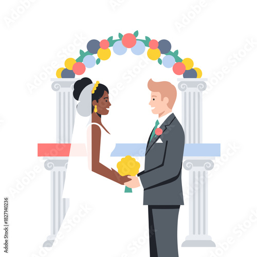 Interracial couple exchanging vows at wedding ceremony under arch  