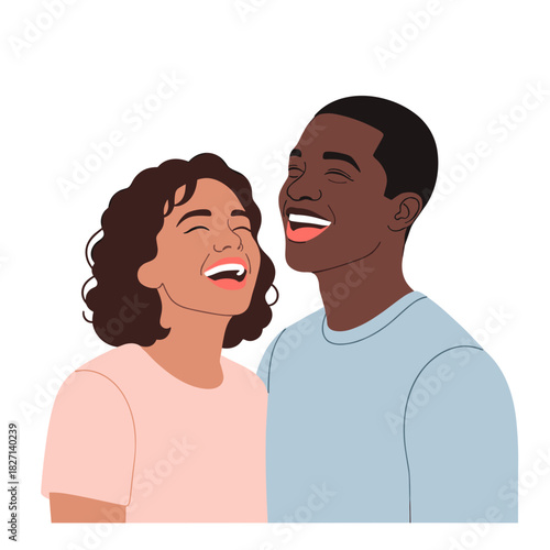 Interracial couple laughing together in casual attire and cheerful mood  