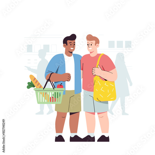 Gay couple shopping together and smiling while standing outdoors  