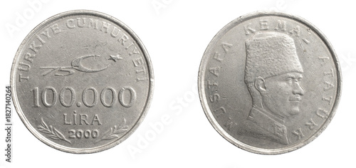 Fototapeta Naklejka Na Ścianę i Meble -  Turkey one hundred thousand lira coin on white isolated background