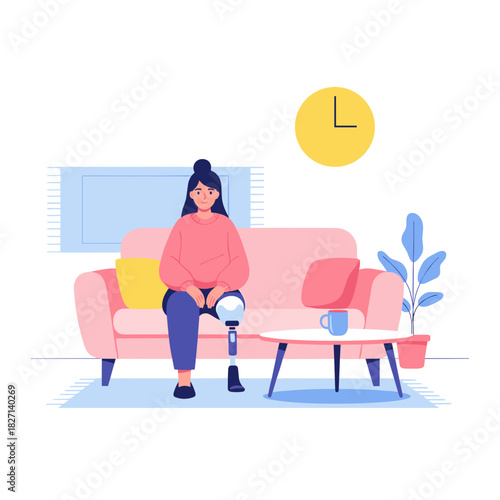 Disabled woman sitting on a sofa at home with prosthetic leg  