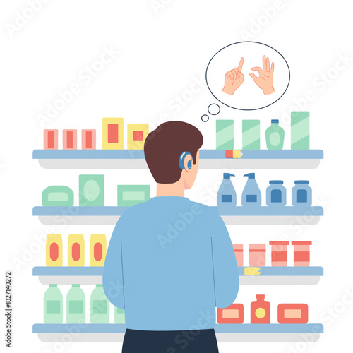 Deaf man thinking about sign language in grocery store aisle  