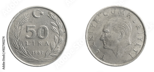 Fototapeta Naklejka Na Ścianę i Meble -  Turkey fifty lira coin on white isolated background