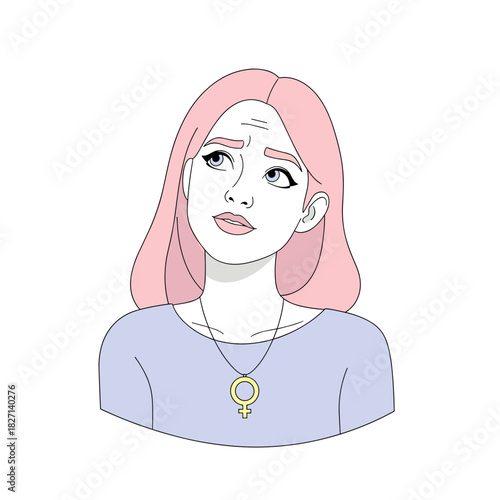 Curious trans woman looking up with a thoughtful expression in illustration  