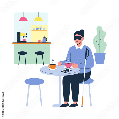 Blind woman sitting in café enjoying tea with smartphone on table  